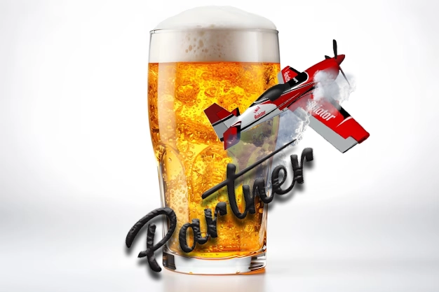 The image shows a beer can with the text PARTNERS and an airplane from the game Aviator